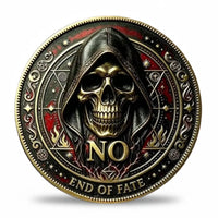 A circular gothic-themed coin featuring a hooded skull with the word 'NO' and the phrase 'END OF FATE' on a white background.