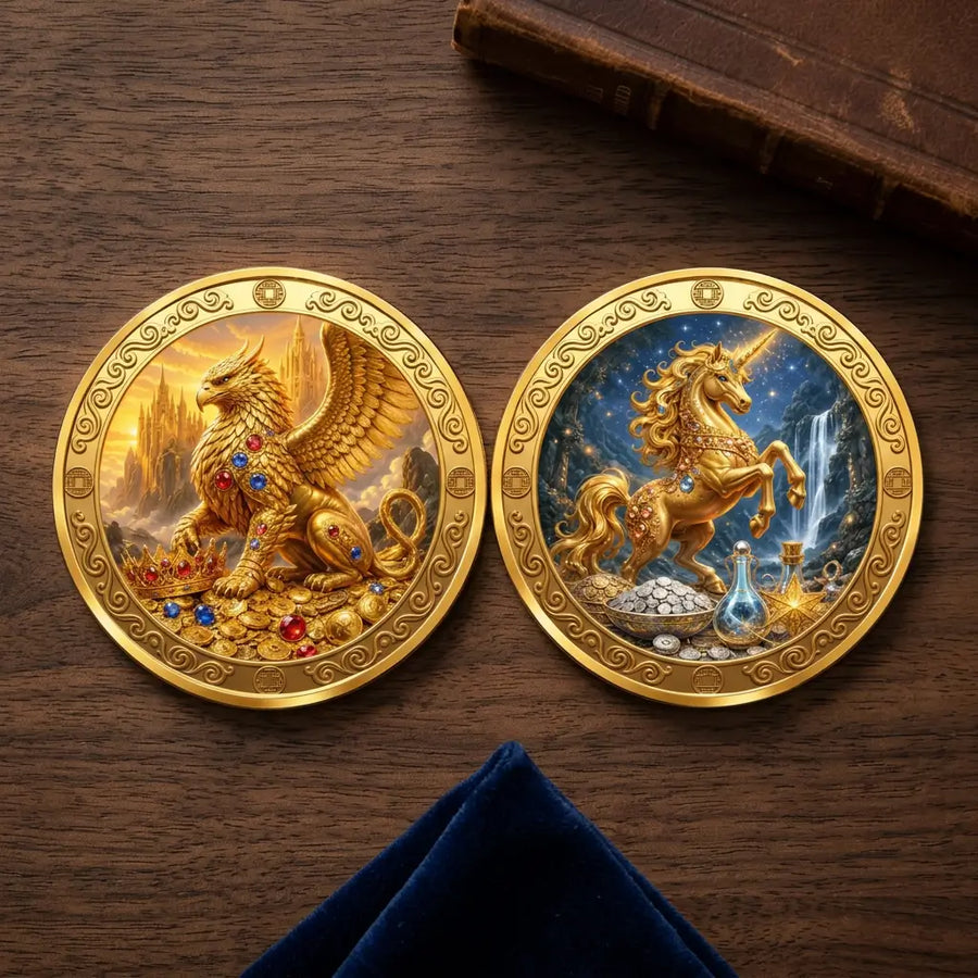 Overhead view of both gold-tone mythology coin faces side by side on dark wood, with a worn leather-bound book at the upper right and navy velvet below. The left shows a winged griffin guarding coins, jewels and a crown before distant castles. The right shows a rearing unicorn beneath a starry sky beside a waterfall, with coins and decorative bottles in the foreground. Matching scrollwork borders frame each face, collectible token

