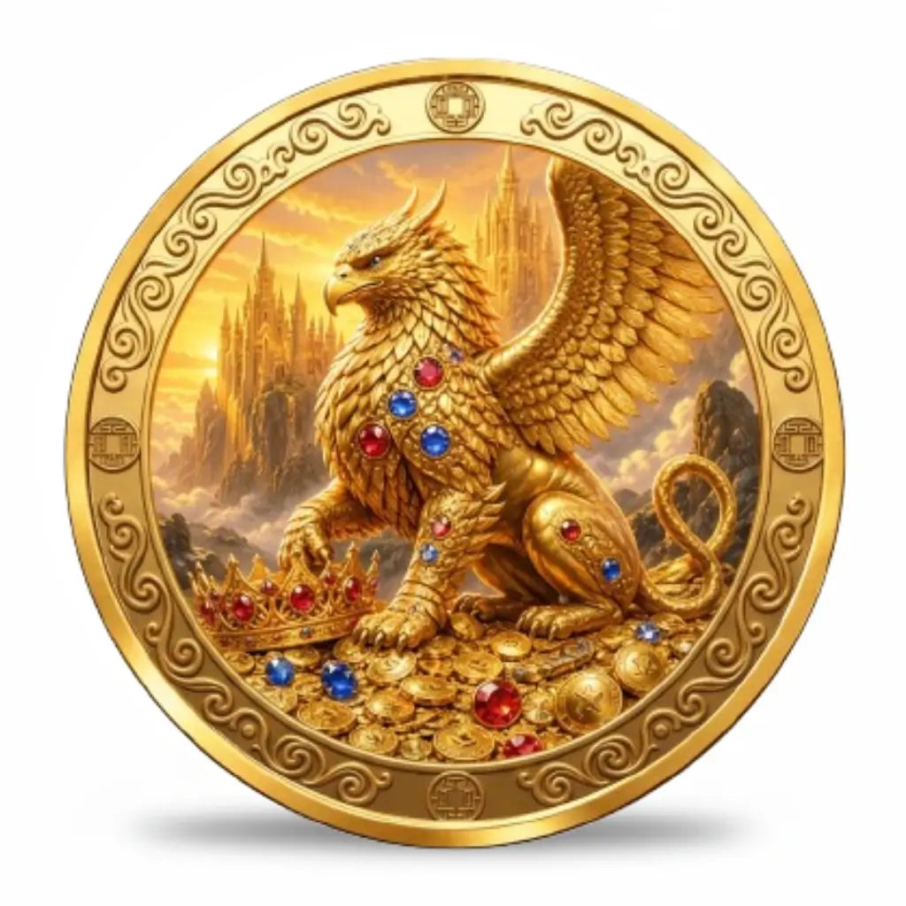 Gold-tone mythology coin showing a griffin with a raised wing seated over coins, red and blue jewels and a crown, with castle towers rising through clouds beneath a golden sky. An ornate scrollwork border surrounds the fantasy scene, available at One More Coin store
