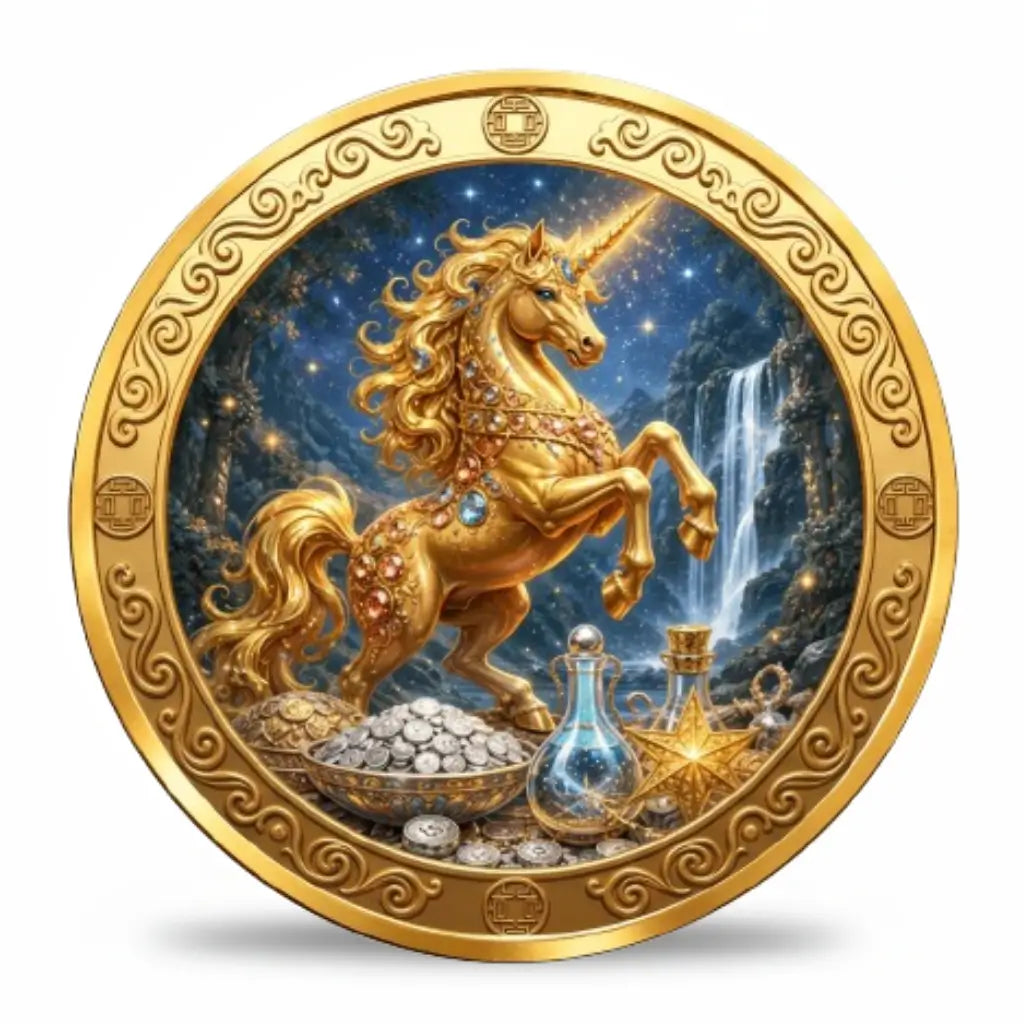Mythology coin reverse showing a golden unicorn rearing beneath a star-filled blue sky beside a waterfall, with a bowl of coins, decorative bottles and a glowing star-shaped object in the foreground, all framed by gold-tone scrollwork, collectible token
