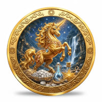 Mythology coin reverse showing a golden unicorn rearing beneath a star-filled blue sky beside a waterfall, with a bowl of coins, decorative bottles and a glowing star-shaped object in the foreground, all framed by gold-tone scrollwork, collectible token
