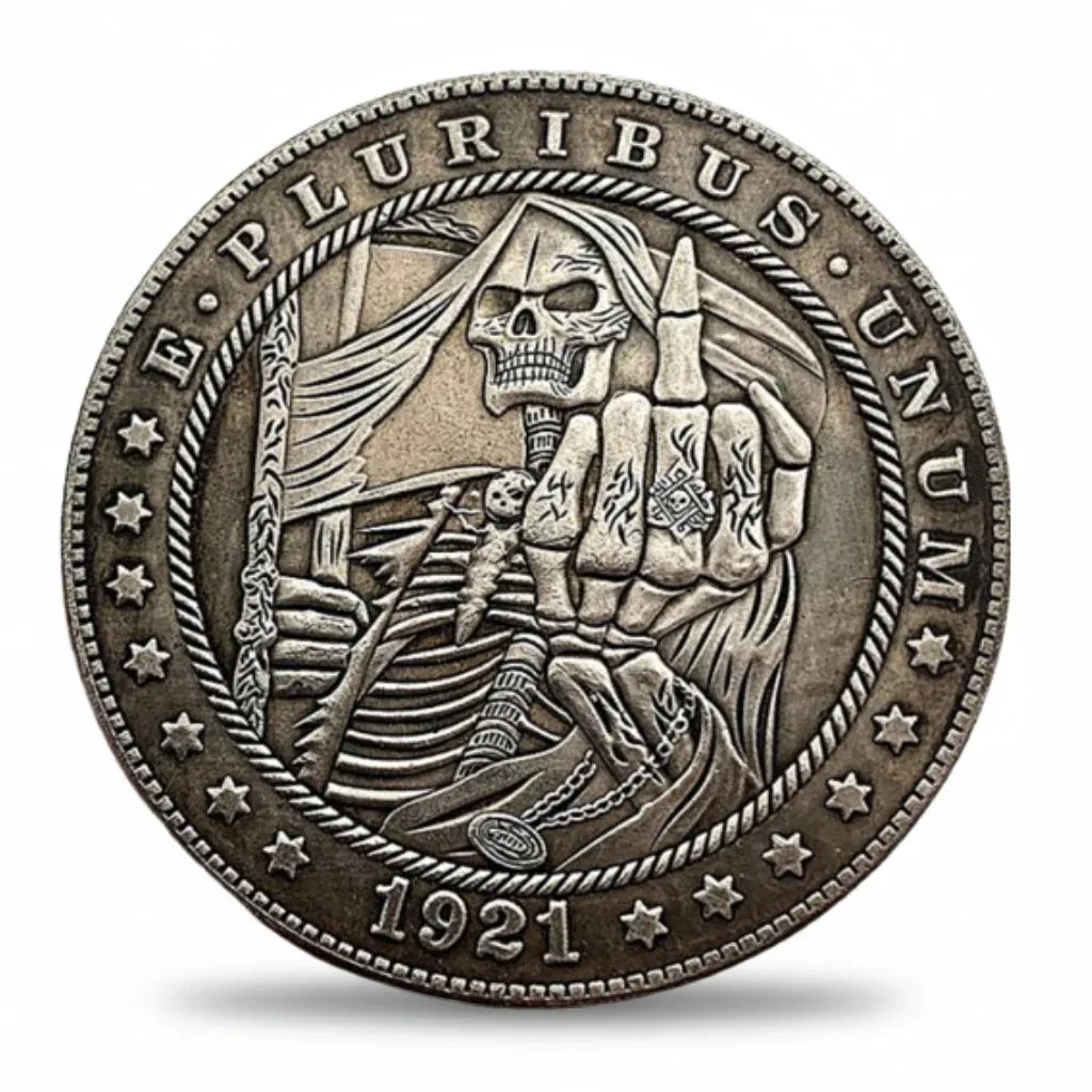 Grim Reaper middle finger hobo nickel collectible coin antique silver Gothic folk art skull memento mori gift for collectors available at One More Coin store
