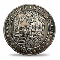 Grim Reaper middle finger hobo nickel collectible coin antique silver Gothic folk art skull memento mori gift for collectors available at One More Coin store
