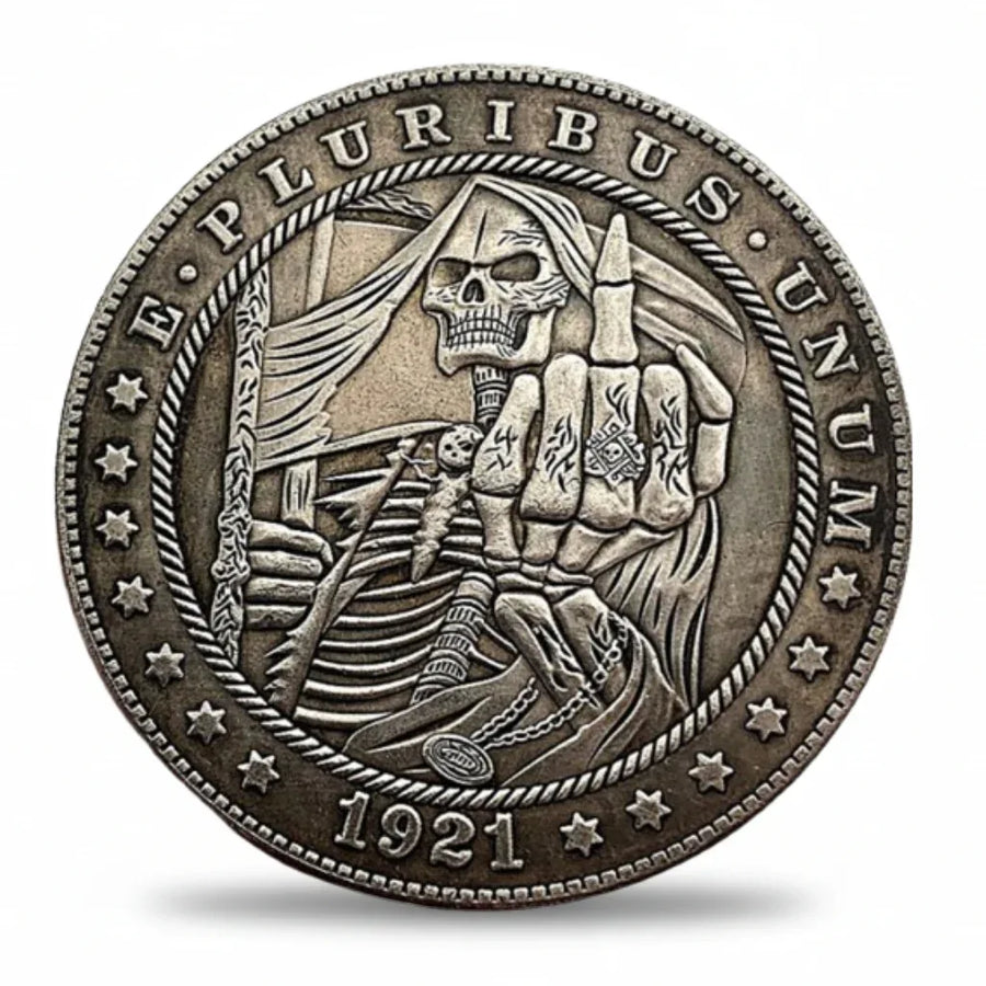 Grim Reaper middle finger hobo nickel collectible coin antique silver Gothic folk art skull memento mori gift for collectors available at One More Coin store
