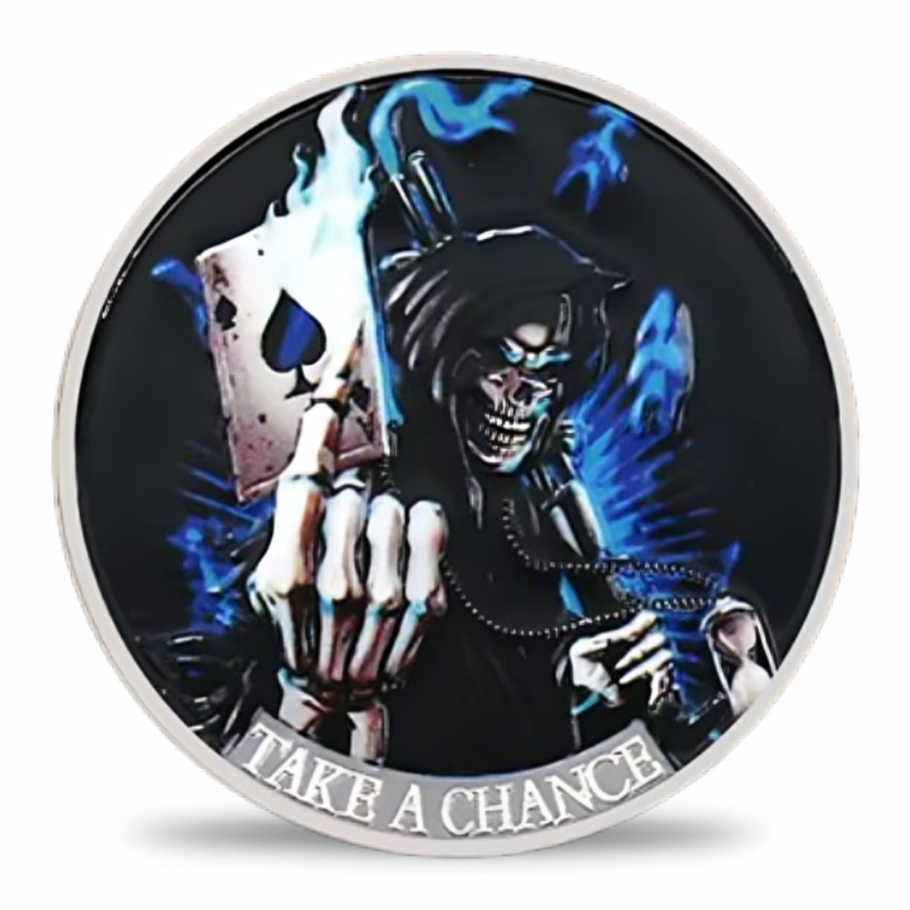 Grim Reaper Ace of Spades Take a Chance poker gaming collectible coin available at One More Coin store
