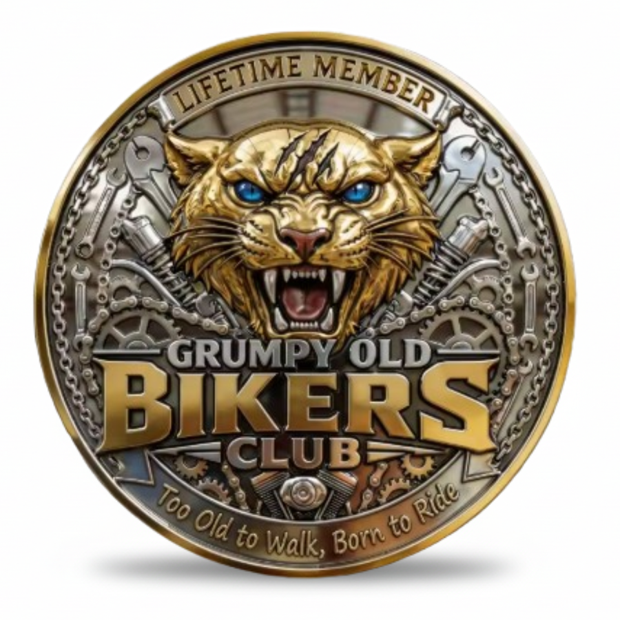 Grumpy Old Bikers Club lifetime member coin snarling tiger Too Old to Walk Born to Ride novelty biker gift collectible
