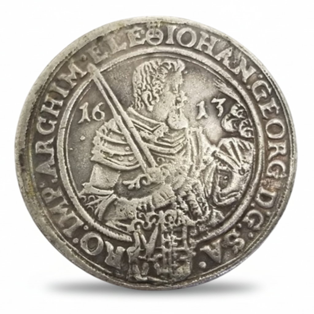Habsburg Tyrolean Thaler 1613 Archduke Maximilian III armoured portrait replica coin Holy Roman Empire Teutonic Order collectible available at One More Coin store
