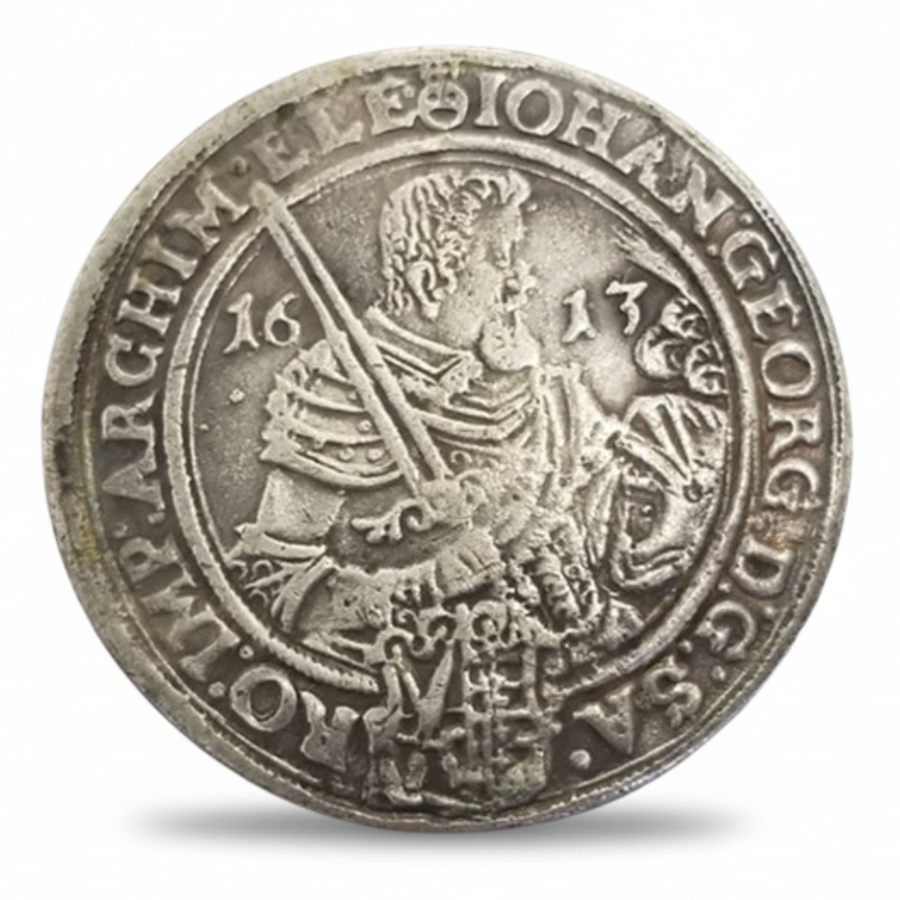 Habsburg Tyrolean Thaler 1613 Archduke Maximilian III armoured portrait replica coin Holy Roman Empire Teutonic Order collectible available at One More Coin store
