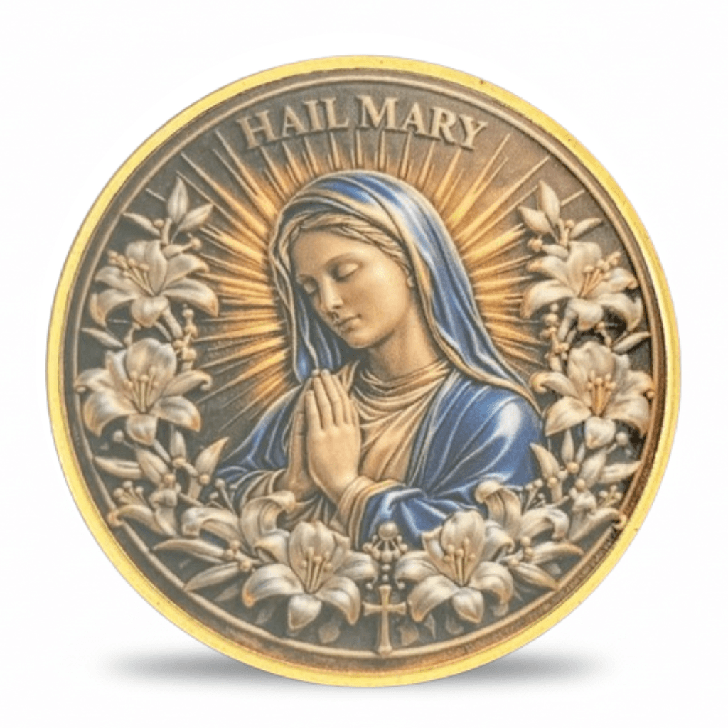 A round religious coin featuring a relief of the Virgin Mary with hands in prayer, surrounded by lilies and rays of light, with the text 'HAIL MARY' at the top. The medal has a gold-toned rim and border, with blue, beige, and brown tones in the central figure.