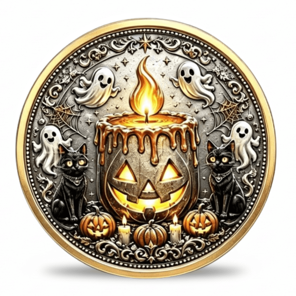 Halloween black cat pumpkin lantern collectible coin front face antique silver gold rim ghost spider web gothic design available at One More Coin store
