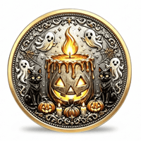 Halloween black cat pumpkin lantern collectible coin front face antique silver gold rim ghost spider web gothic design available at One More Coin store
