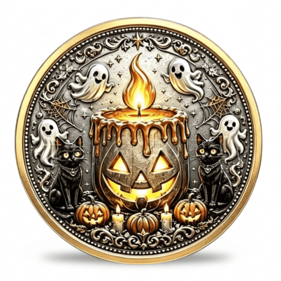 Halloween black cat pumpkin lantern collectible coin front face antique silver gold rim ghost spider web gothic design available at One More Coin store
