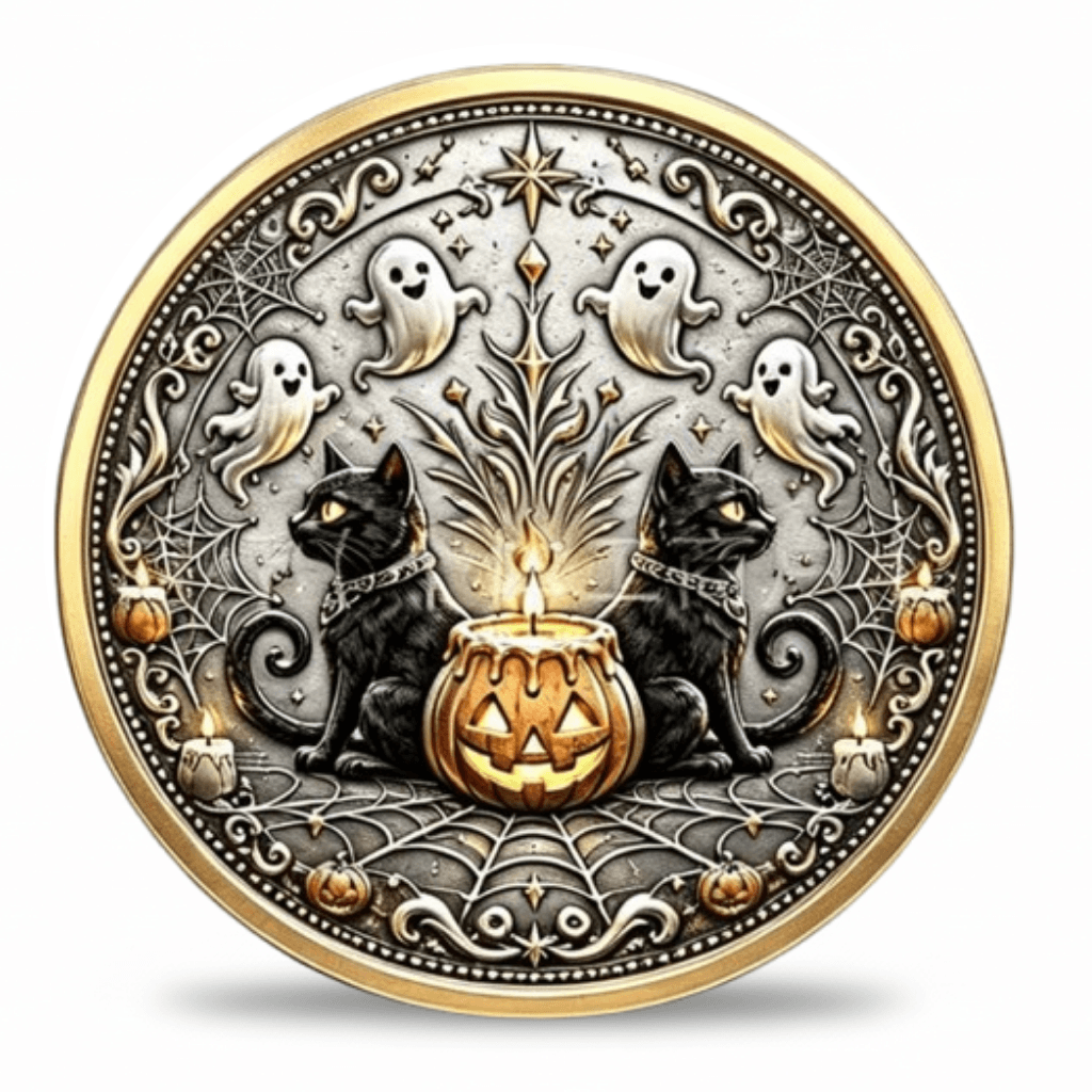 Halloween black cat jack-o-lantern ghost collectible coin reverse face gothic filigree spider web antique silver seasonal collectible token
