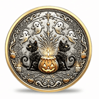 Halloween black cat jack-o-lantern ghost collectible coin reverse face gothic filigree spider web antique silver seasonal collectible token
