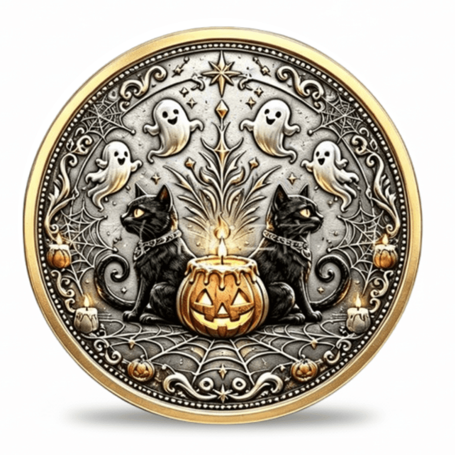 Halloween black cat jack-o-lantern ghost collectible coin reverse face gothic filigree spider web antique silver seasonal collectible token
