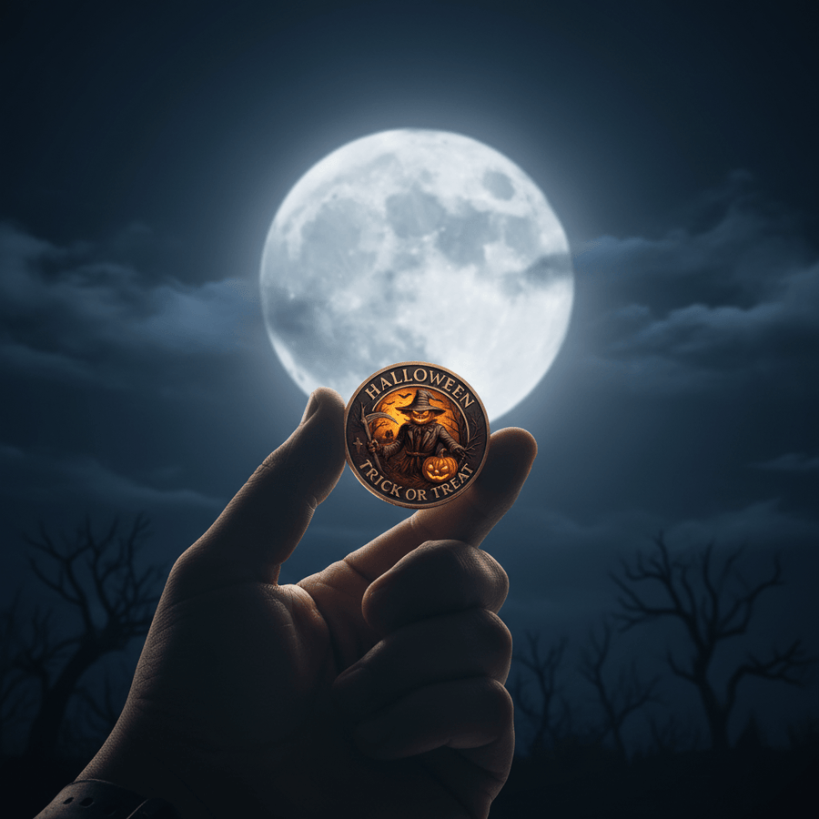 Halloween Trick or Treat scarecrow collectible coin token held up to moonlight showing bronze rim detail
