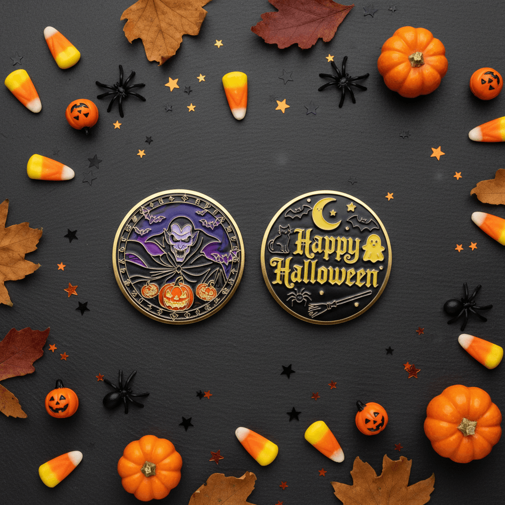 Two round Halloween-themed enamel pins displayed on a dark gray background, surrounded by autumn leaves, candy corn, mini pumpkins, black spider decorations, and star confetti. One pin features a purple skull and pumpkins, and the other features a gold 'Happy Halloween' design.