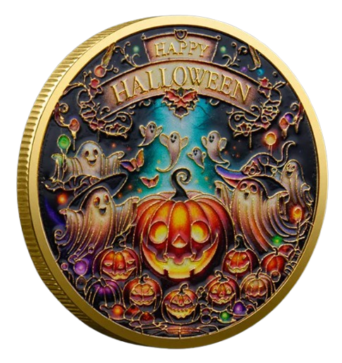 Halloween collectible coin glowing pumpkin ghost design gold finish available at One More Coin store
