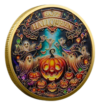 Halloween collectible coin glowing pumpkin ghost design gold finish available at One More Coin store
