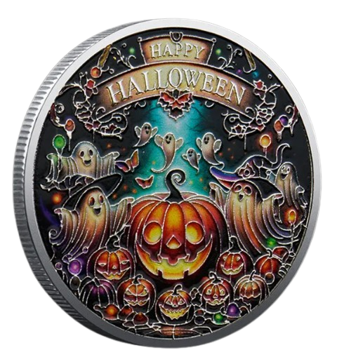 Halloween collectible coin glowing pumpkin ghost design silver finish available at One More Coin store
