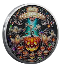 Halloween collectible coin glowing pumpkin ghost design silver finish available at One More Coin store
