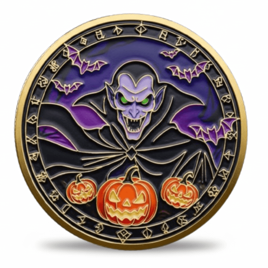 Dracula vampire Halloween collectible coin gold rim enamel design with bats and jack-o-lanterns available at One More Coin store
