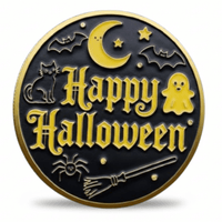 Happy Halloween collectible coin token reverse side gold rim with crescent moon black cat ghost and broomstick enamel design
