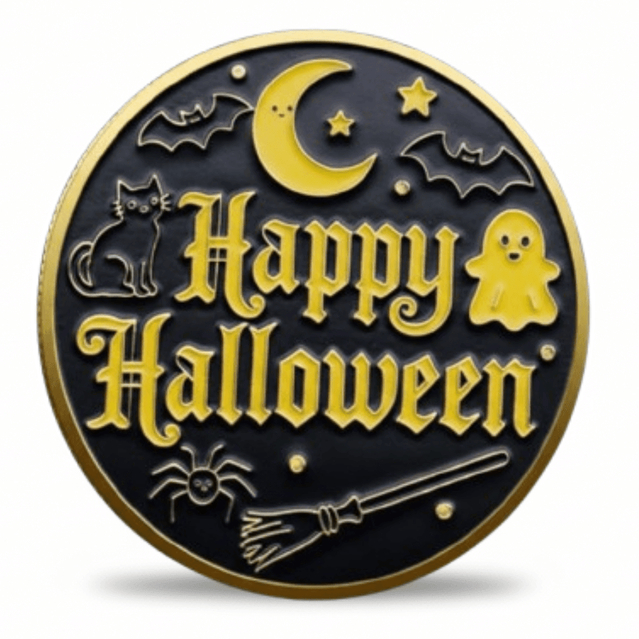 Happy Halloween collectible coin token reverse side gold rim with crescent moon black cat ghost and broomstick enamel design

