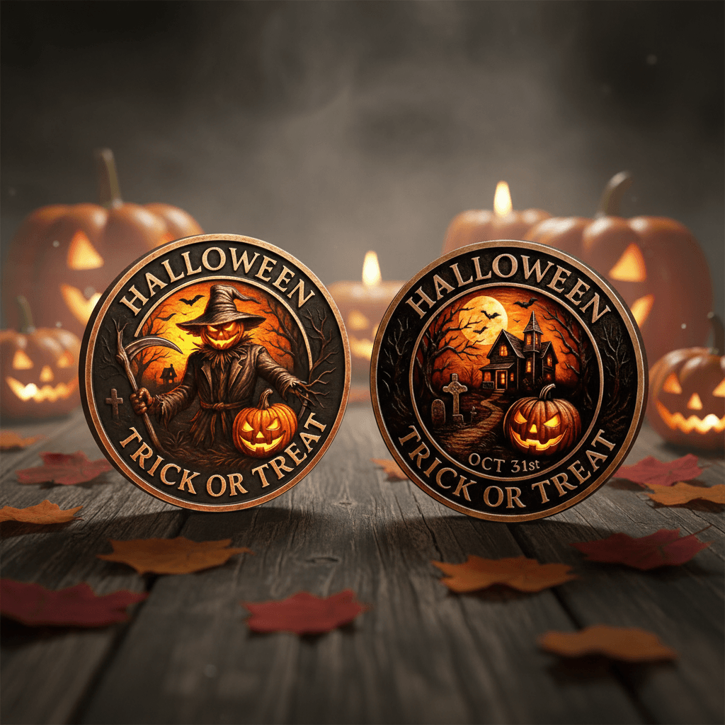 Two round Halloween-themed coin-style tokens displayed on a wooden surface, with carved pumpkins, candles, and scattered autumn leaves in the background. The front token shows a witch holding a broom with the words 'HALLOWEEN TRICK OR TREAT,' and the back token shows a haunted house scene with a pumpkin and the same text.