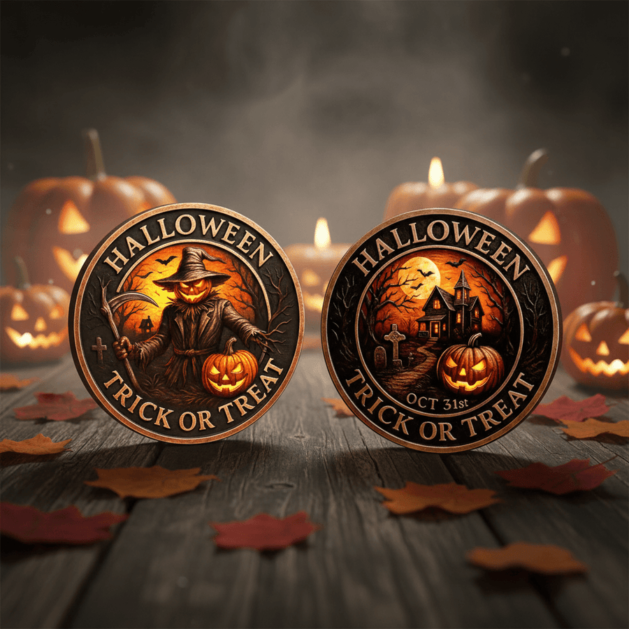 Two round Halloween-themed coin-style tokens displayed on a wooden surface, with carved pumpkins, candles, and scattered autumn leaves in the background. The front token shows a witch holding a broom with the words 'HALLOWEEN TRICK OR TREAT,' and the back token shows a haunted house scene with a pumpkin and the same text.