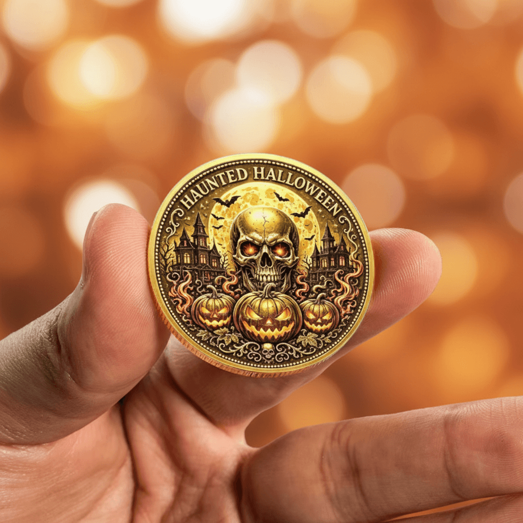 Haunted Halloween Skull & Pumpkin Coin – Gothic Collectible