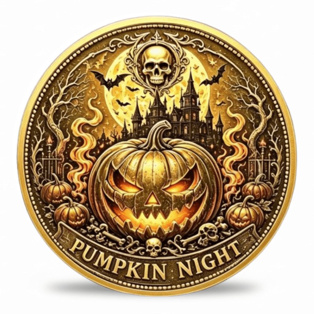 Pumpkin Night Halloween collectible coin reverse face evil jack-o-lantern haunted castle skull cameo bats gothic scrollwork antique gold seasonal collectible token

