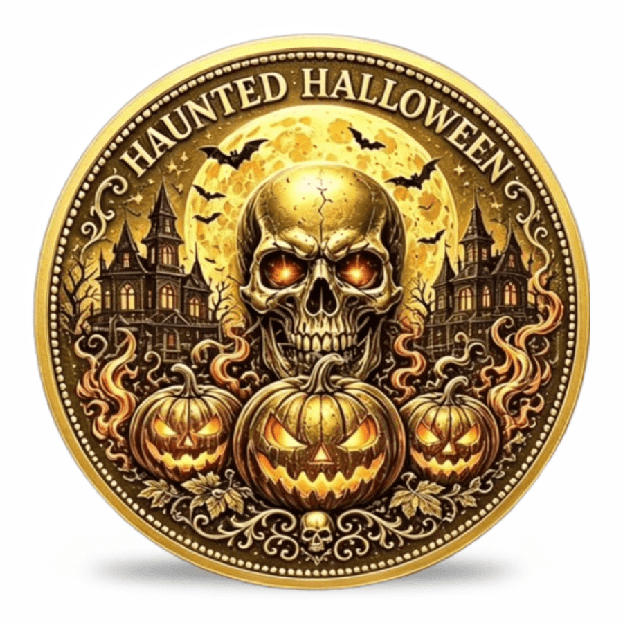 Haunted Halloween skull pumpkin collectible coin front face glowing eyes haunted mansion full moon bats antique gold gothic seasonal collectible available at One More Coin store

