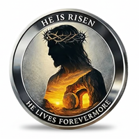 He Is Risen Christian collectible coin front Jesus silhouette crown of thorns empty tomb sunrise He Lives Forevermore available at One More Coin store
