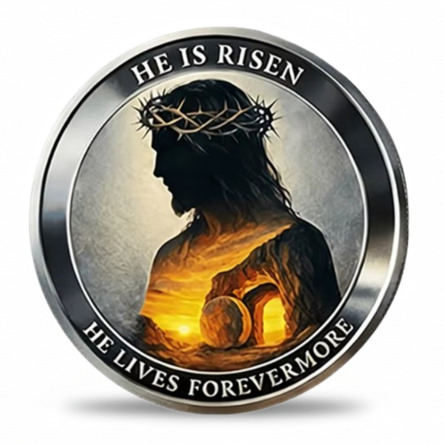 He Is Risen Christian collectible coin front Jesus silhouette crown of thorns empty tomb sunrise He Lives Forevermore available at One More Coin store
