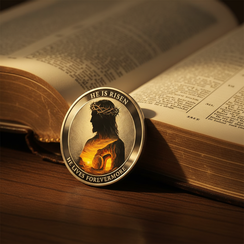 He Is Risen Christian collectible coin resting on open Bible pages warm chapel light faith gift for believers
