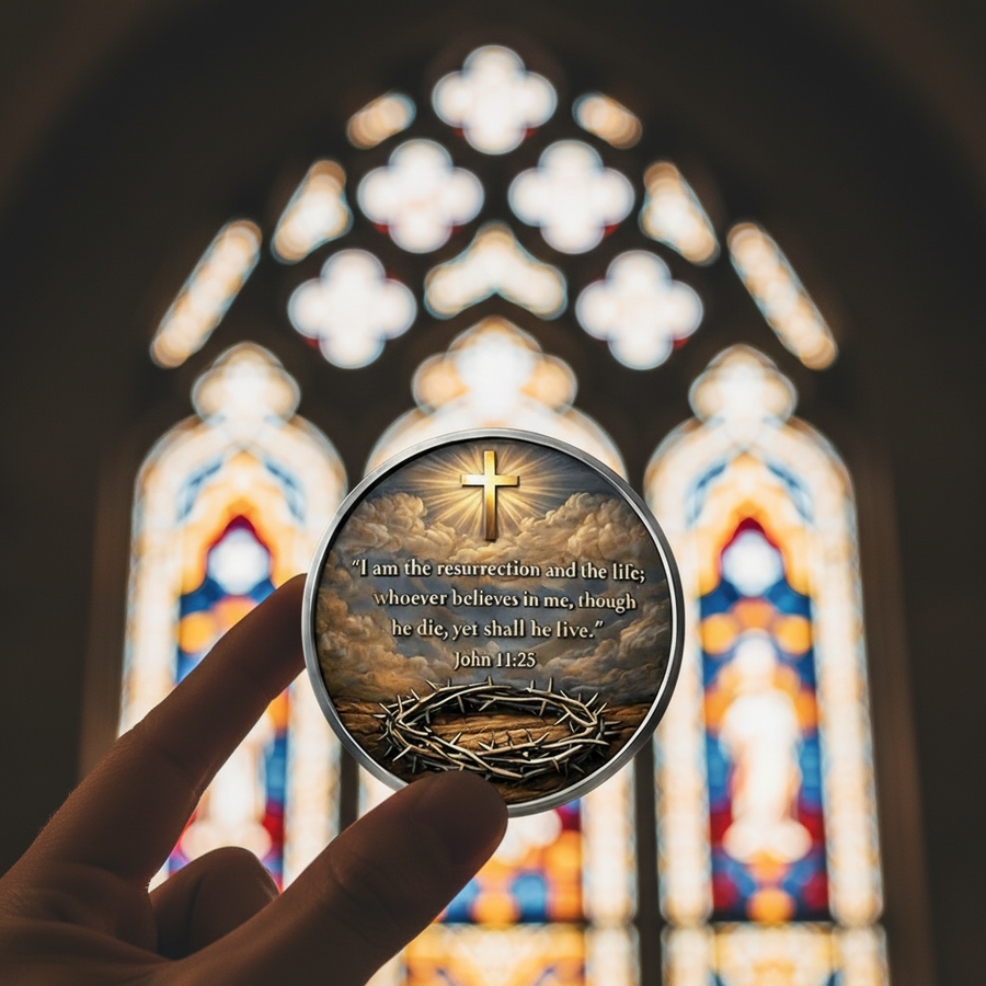 Hand holding He Is Risen John 11:25 resurrection collectible coin in chapel light stained glass background Christian gift
