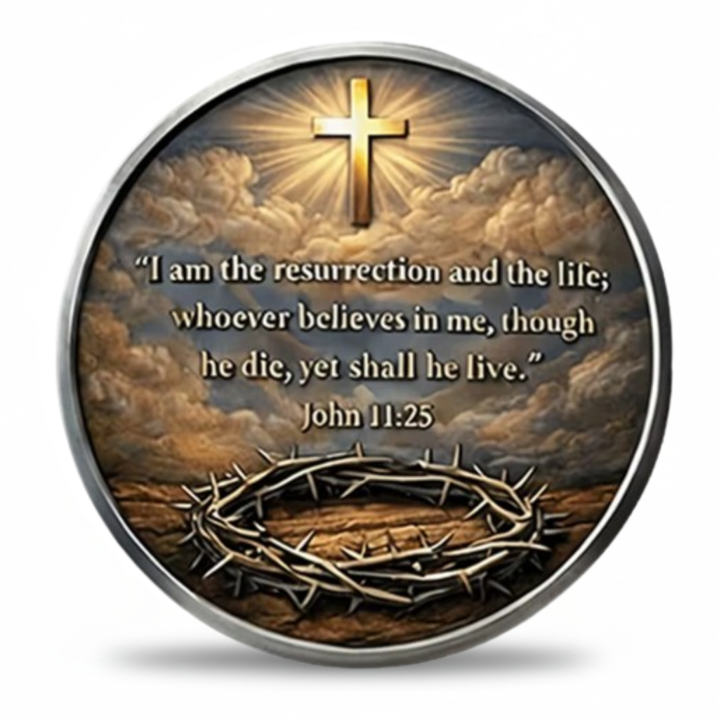 Decorative coin with cross, crown of thorns, and Bible verse 'I am the resurrection and the life; whoever believes in me, though he die, yet shall he live.' John 11:25.