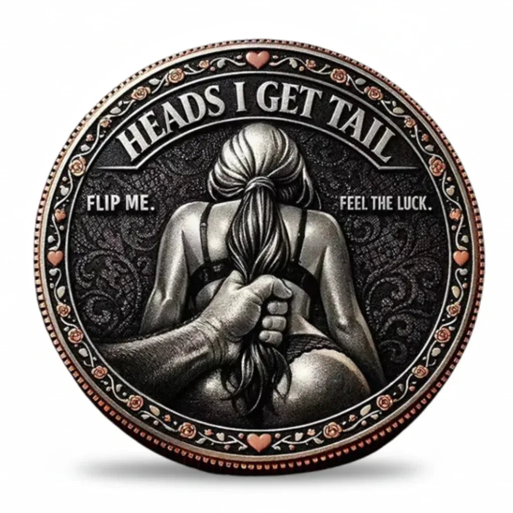 Heads I Get Tail premium novelty flip collectible coin ornate high-relief design romantic gag gift with decorative roses and hearts available at One More Coin store
