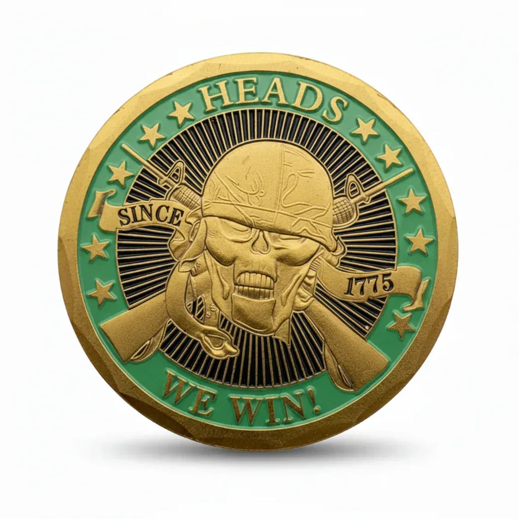 Heads We Win Tails You Lose pirate commemorative collectible coin skull crossed pistols modern tactical gift available at One More Coin store