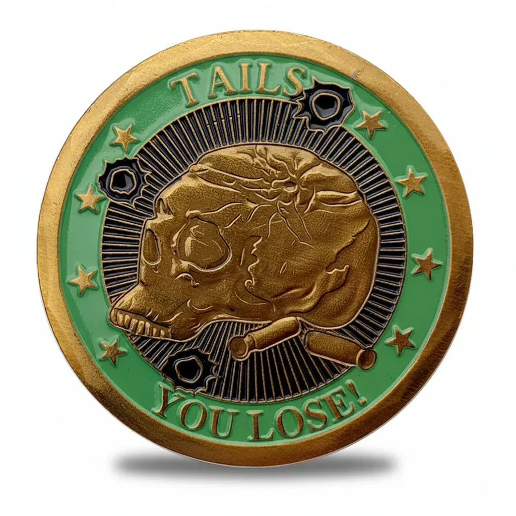 Heads We Win Tails You Lose pirate coin reverse skull bullet holes collectible token