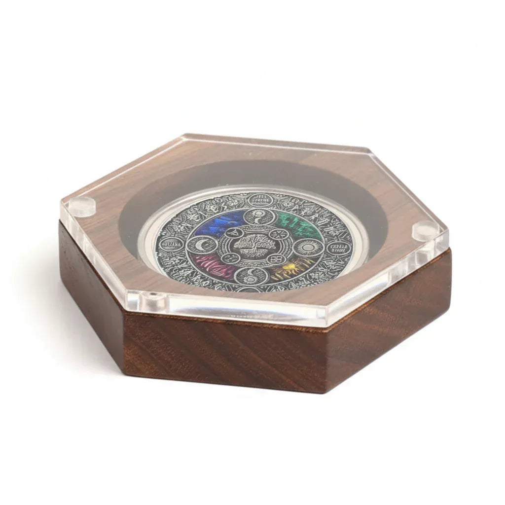 Hexagonal wooden coin display case with magnetic acrylic lid for collectible coins available at One More Coin store
