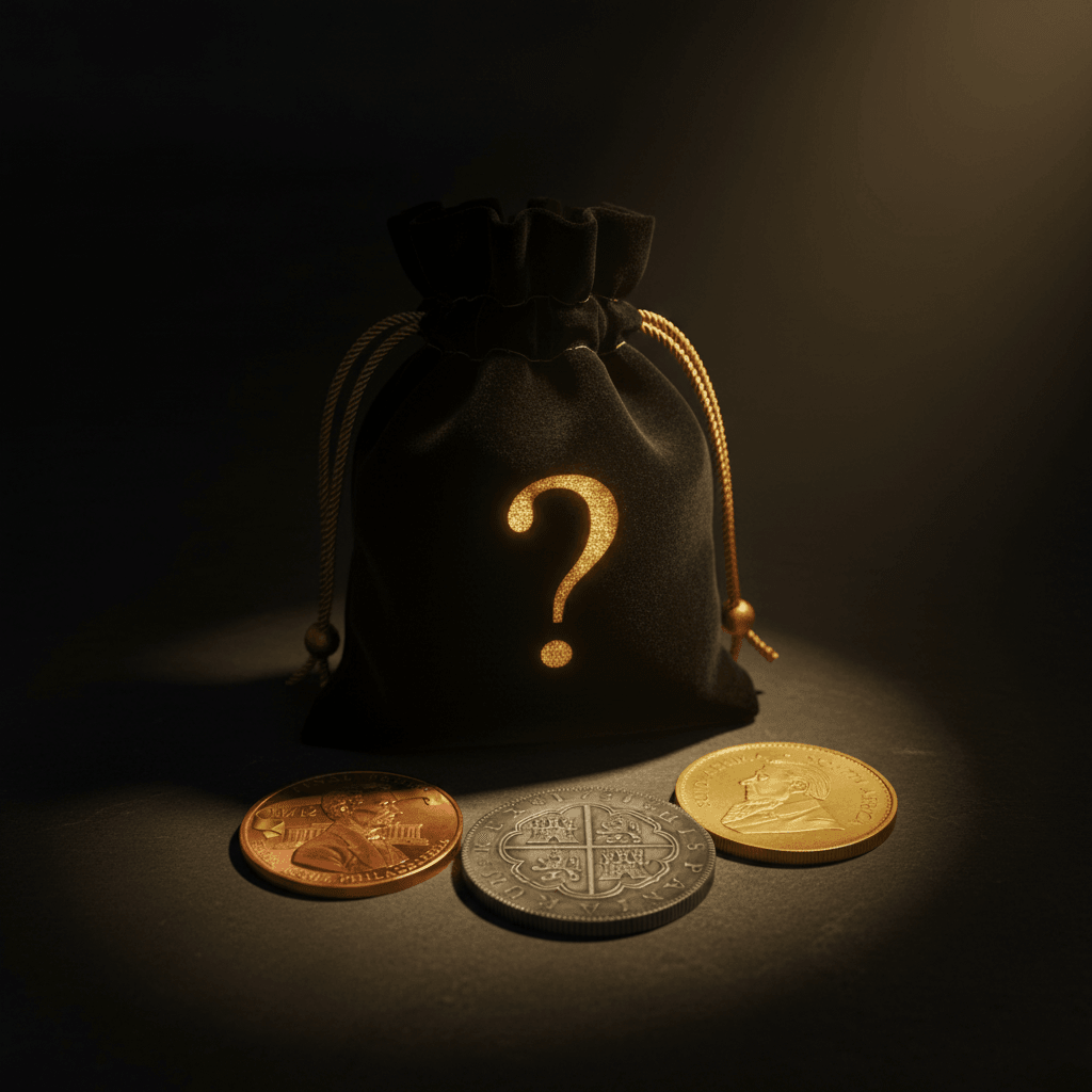 A black velvet drawstring pouch with a large gold question mark, accompanied by three historical coins in copper, silver, and gold tones, set against a dark background with dramatic spotlighting.