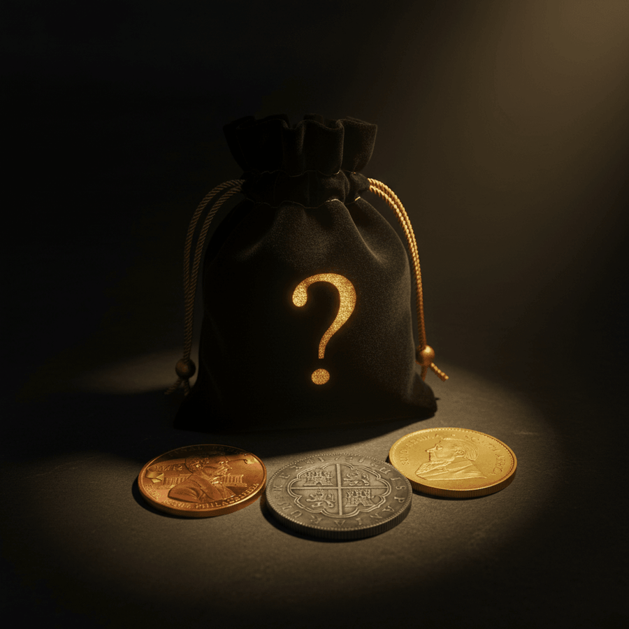 A black velvet drawstring pouch with a large gold question mark, accompanied by three historical coins in copper, silver, and gold tones, set against a dark background with dramatic spotlighting.