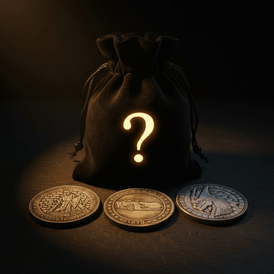 A black velvet drawstring pouch with a glowing gold question mark on the front, standing on a dark surface with three metallic hobo coins in front of it under dramatic low light.