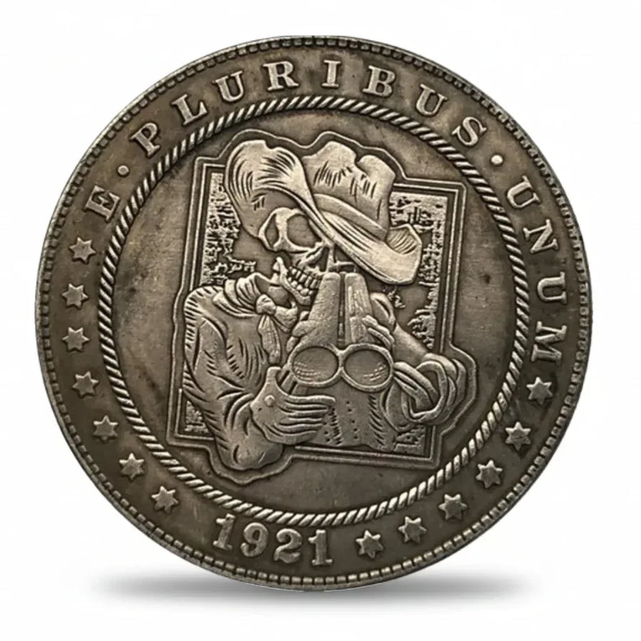 Hobo nickel skeleton shotgun coin hand-carved style skeleton with double barrel shotgun 1937 Gothic collectible token gift available at One More Coin store
