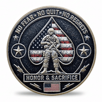 Honor and Sacrifice soldier military challenge coin with American flag spade and No Fear No Quit No Regrets motto — collectible token
