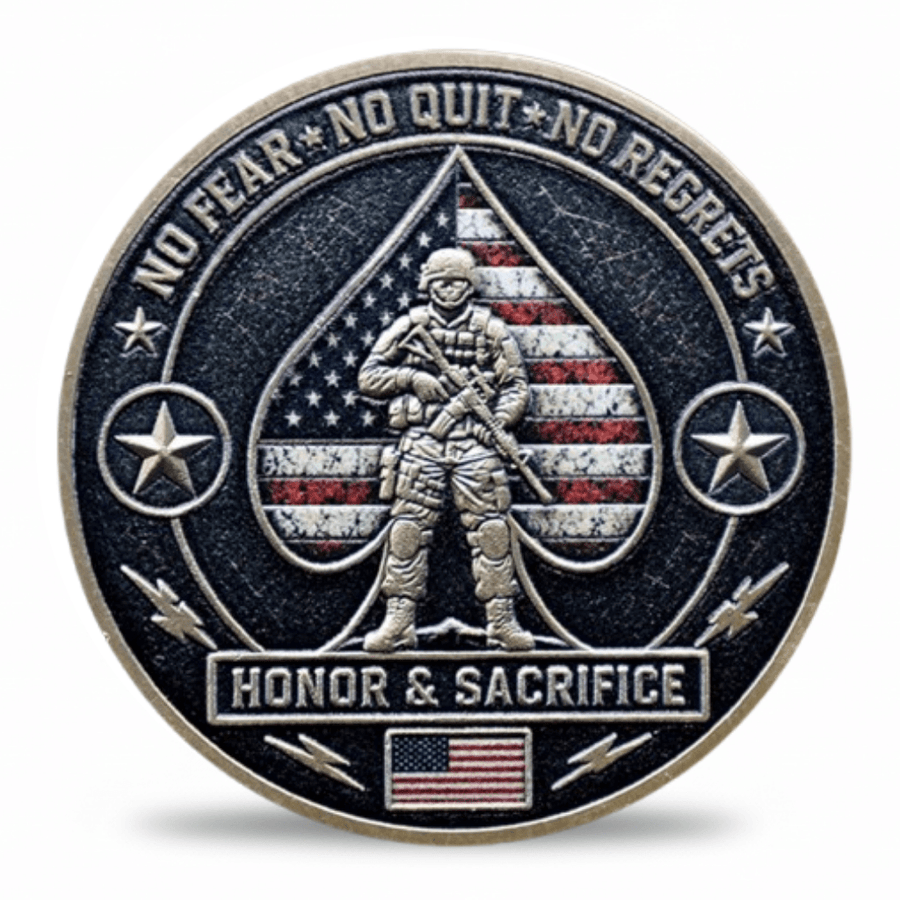 Honor and Sacrifice soldier military challenge coin with American flag spade and No Fear No Quit No Regrets motto — collectible token

