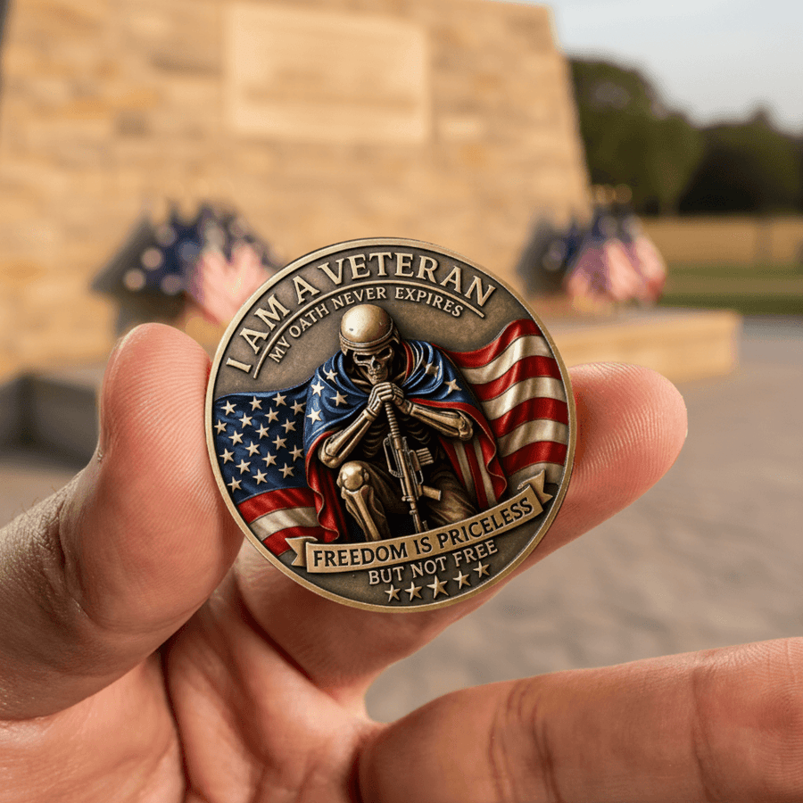 A close-up of a hand holding a round commemorative veteran coin in front of a blurred outdoor monument with American flags.