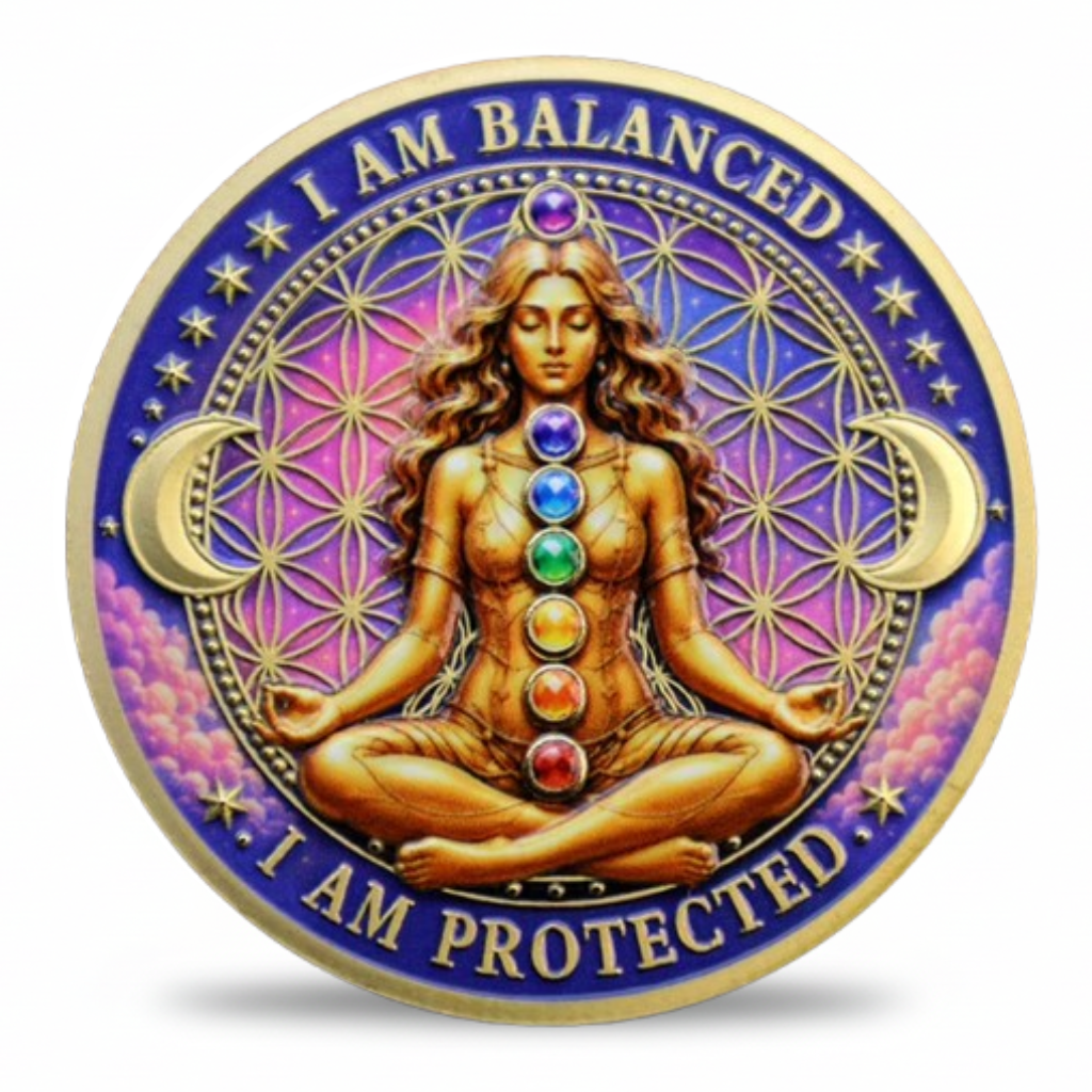 A circular gold-toned coin featuring a seated female figure with chakra symbols on her torso, surrounded by purple and pink floral patterns, crescent moons, stars, and the text 'I AM BALANCED' and 'I AM PROTECTED'. Available at one more coin store.